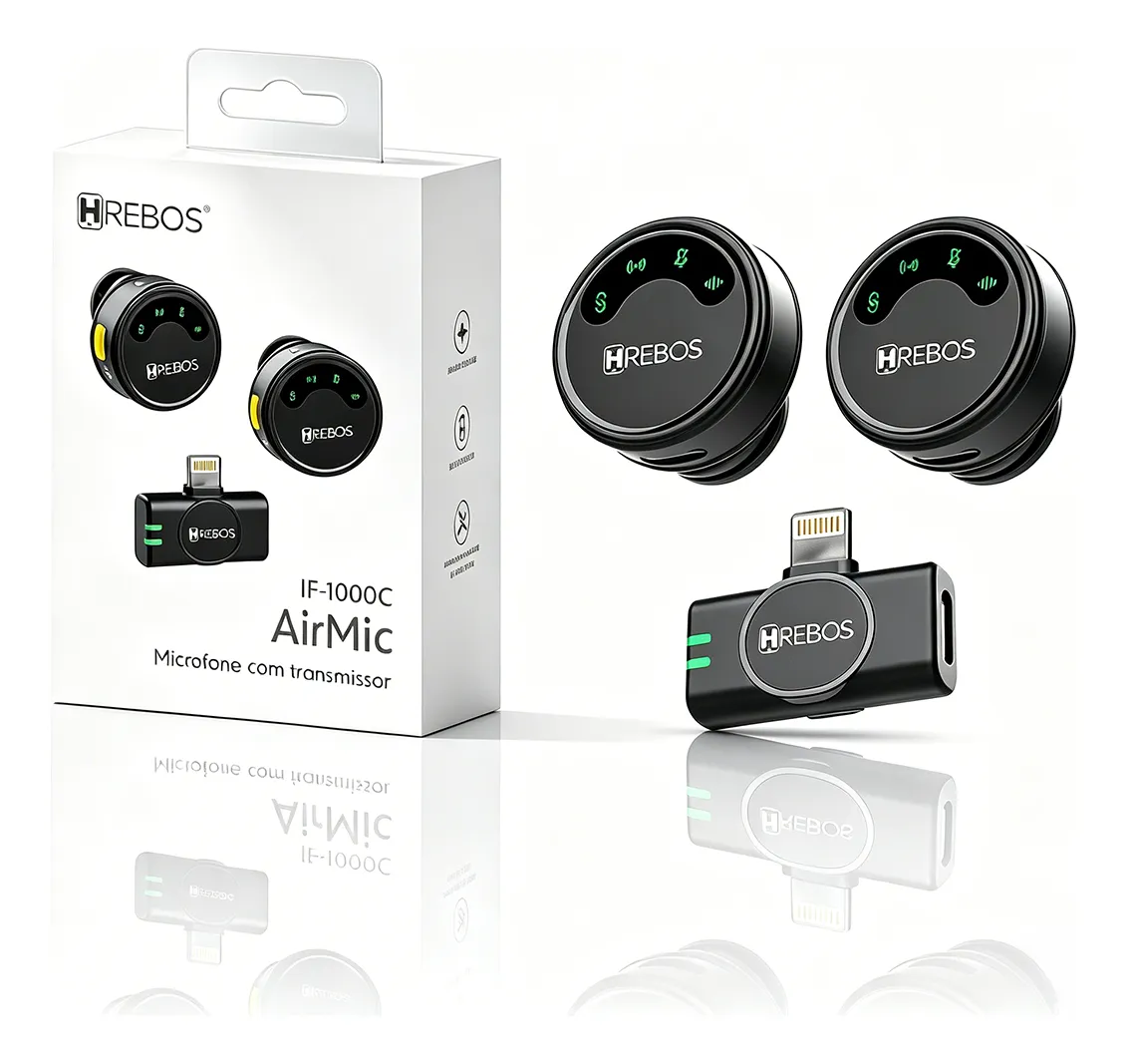 MICROFONE LAPELA SEM FIO PROFISSIONAL DUPLO HREBOS AIRMIC IF-1000I LIGHT – 2 MICROFONES - PLUG AND PLAY - ÁUDIO HD